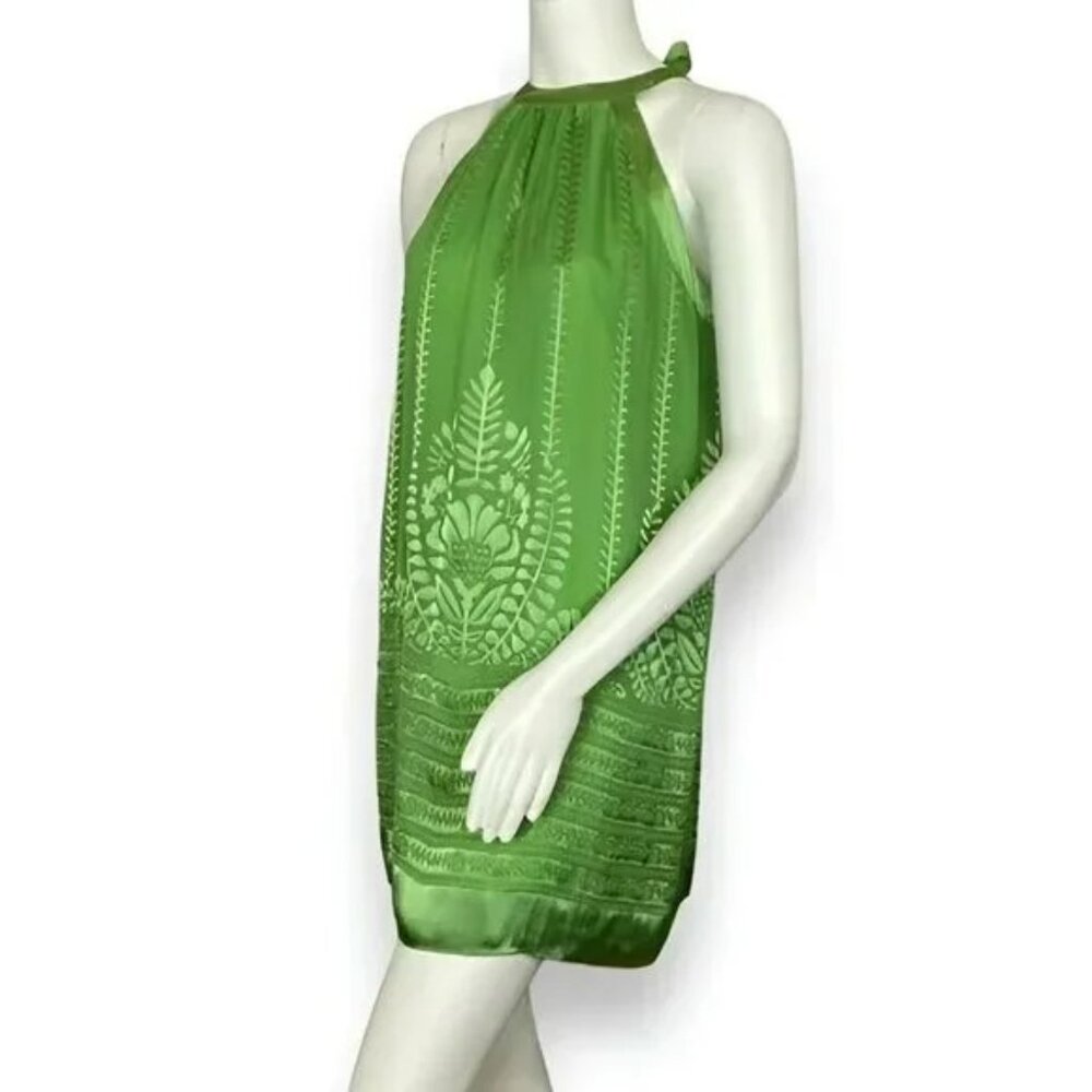 Emerald & Lime Green Floral Silk-Rayon Halter Tie Boho Shift Tunic Mini Dress S